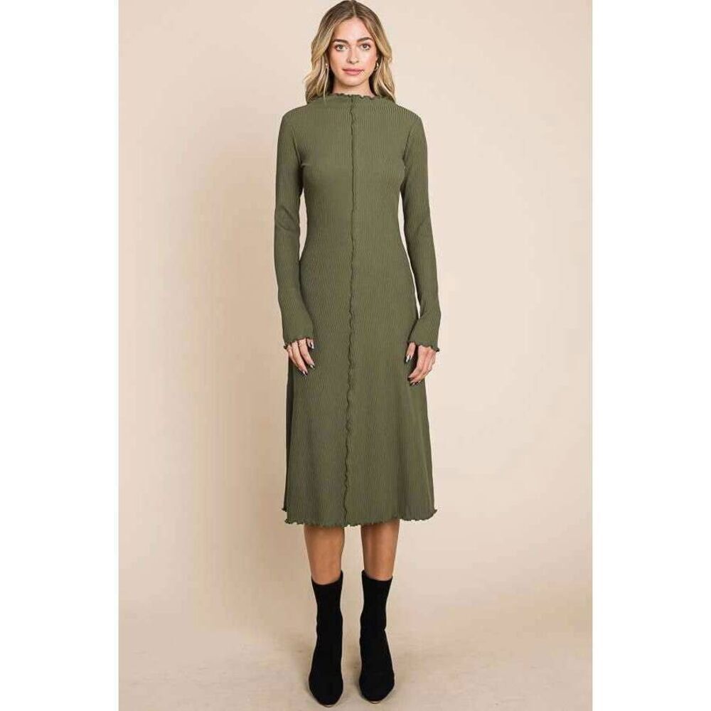 The Brianna - Mock Neck Ribbed Midi Dress in Olive